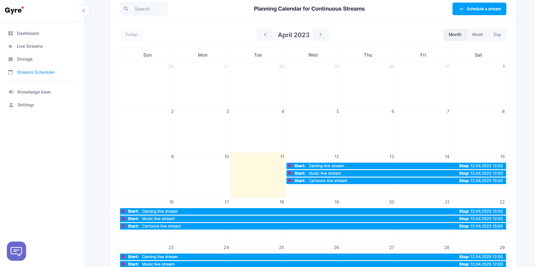 Calendario de planificación de transmisiones continuas Gyre