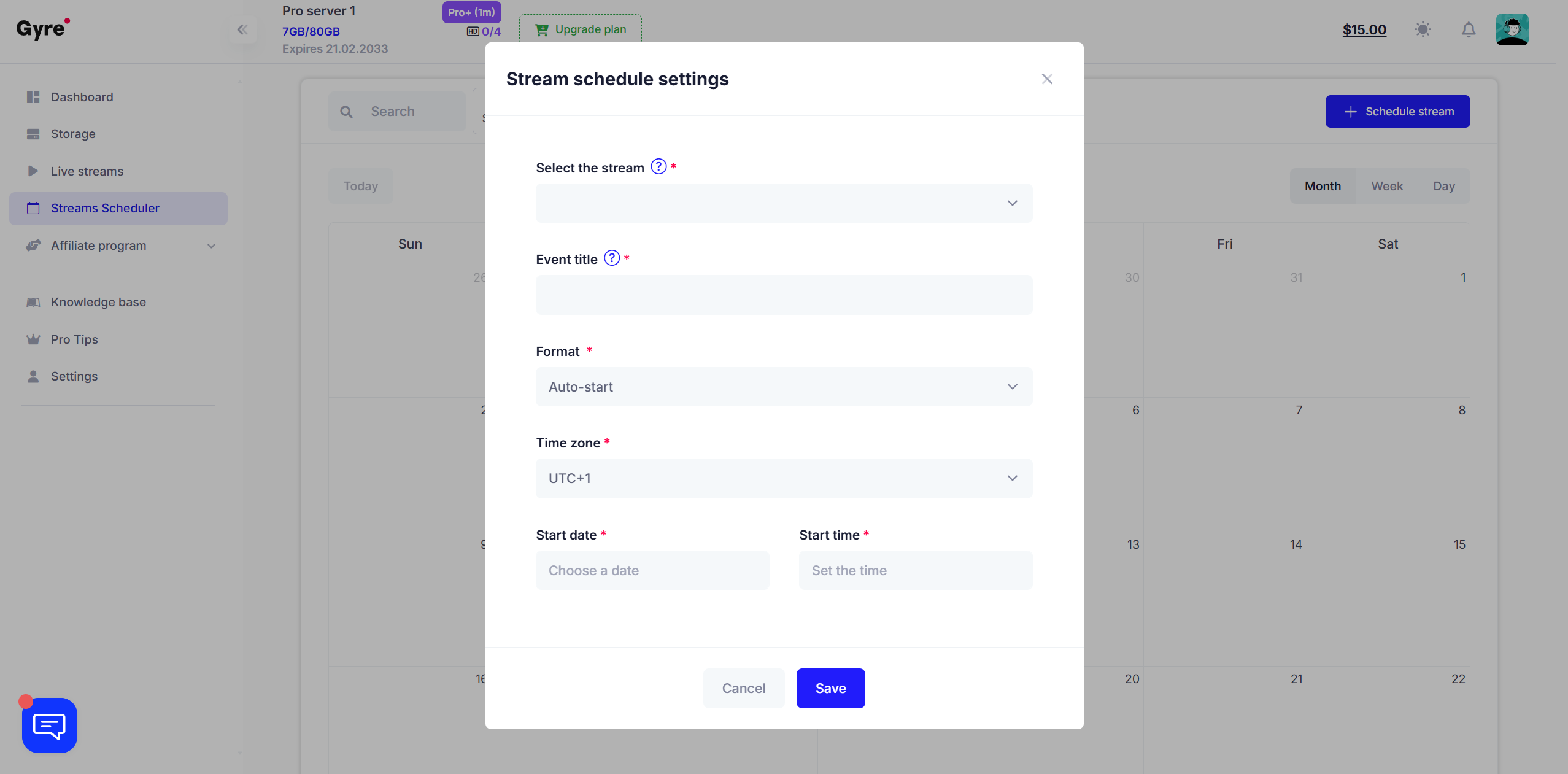 Configuración de programación de transmisiones en Gyre