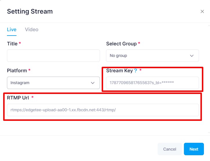 Configuração de stream RTMP para Instagram no Gyre