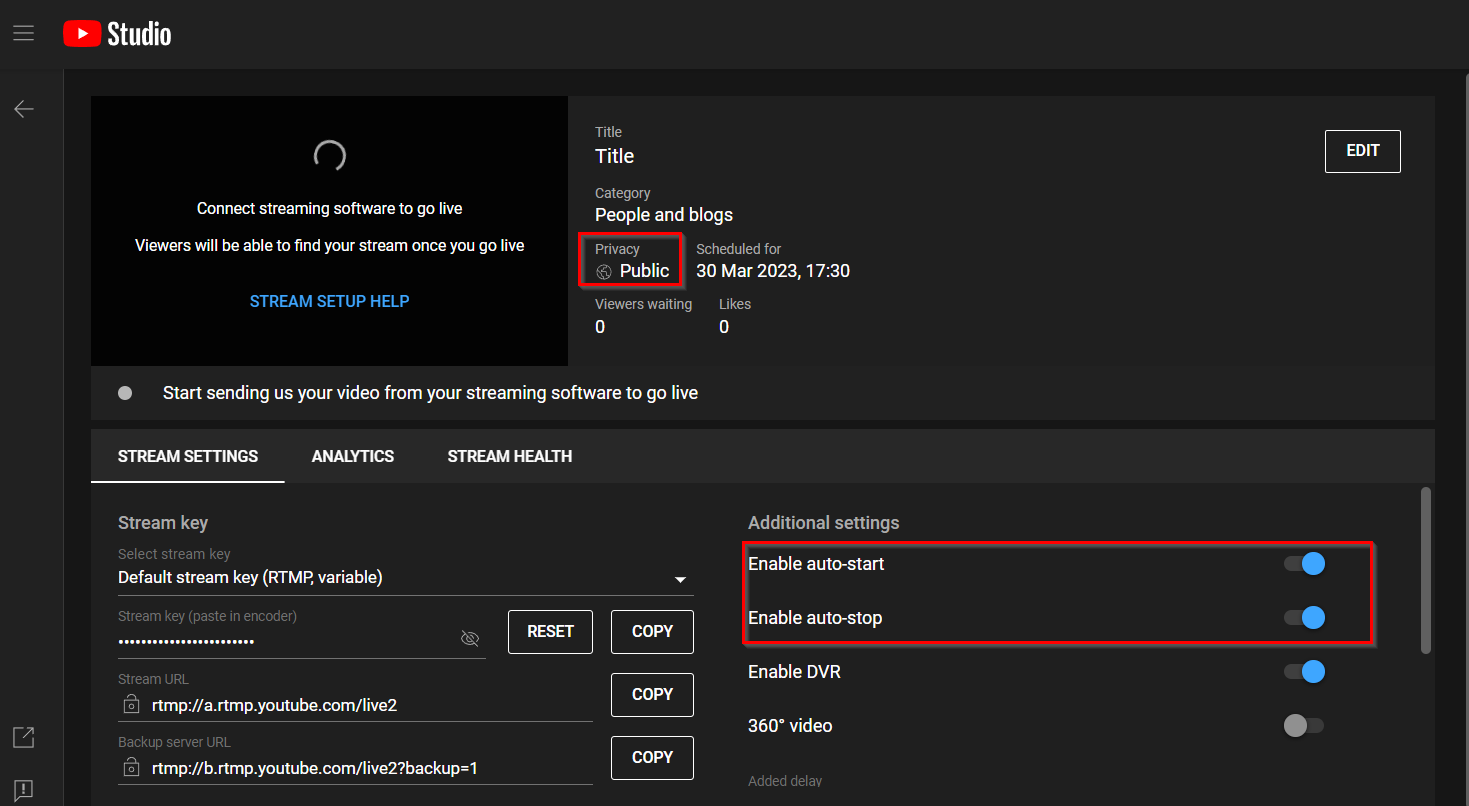 YouTube stream auto-start and stop settings